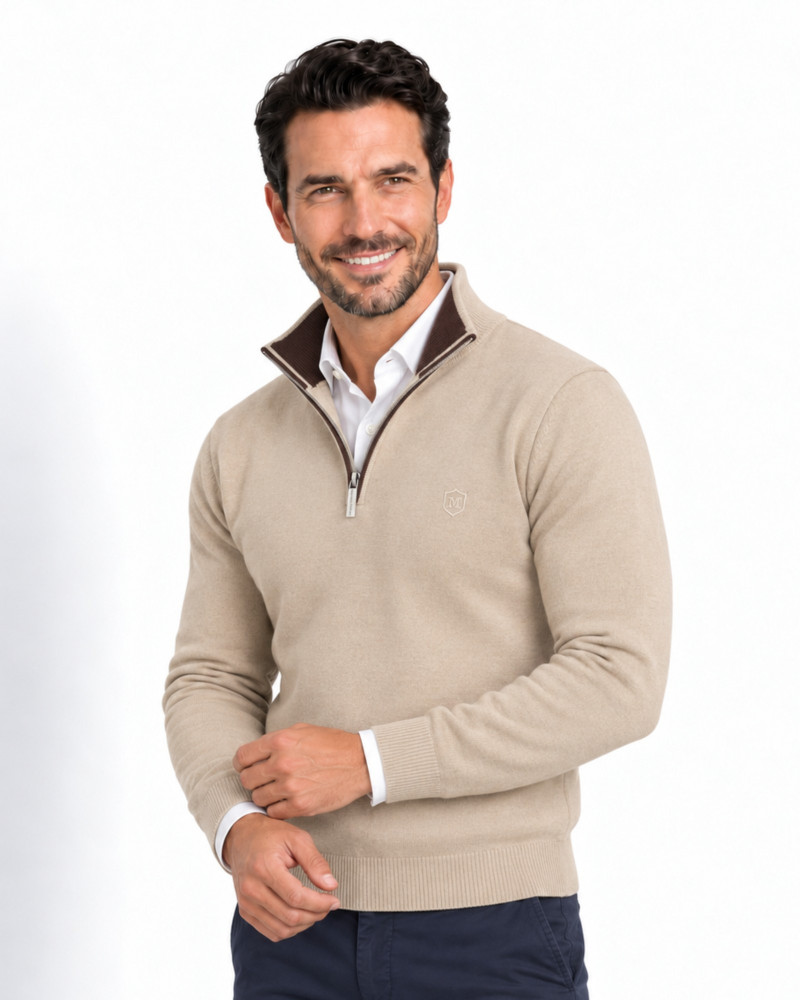 Suéter cuello polo con cremallera beige para hombre | Martin's