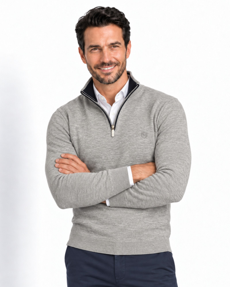 Suéter cuello polo con cremallera gris para hombre | Martin's