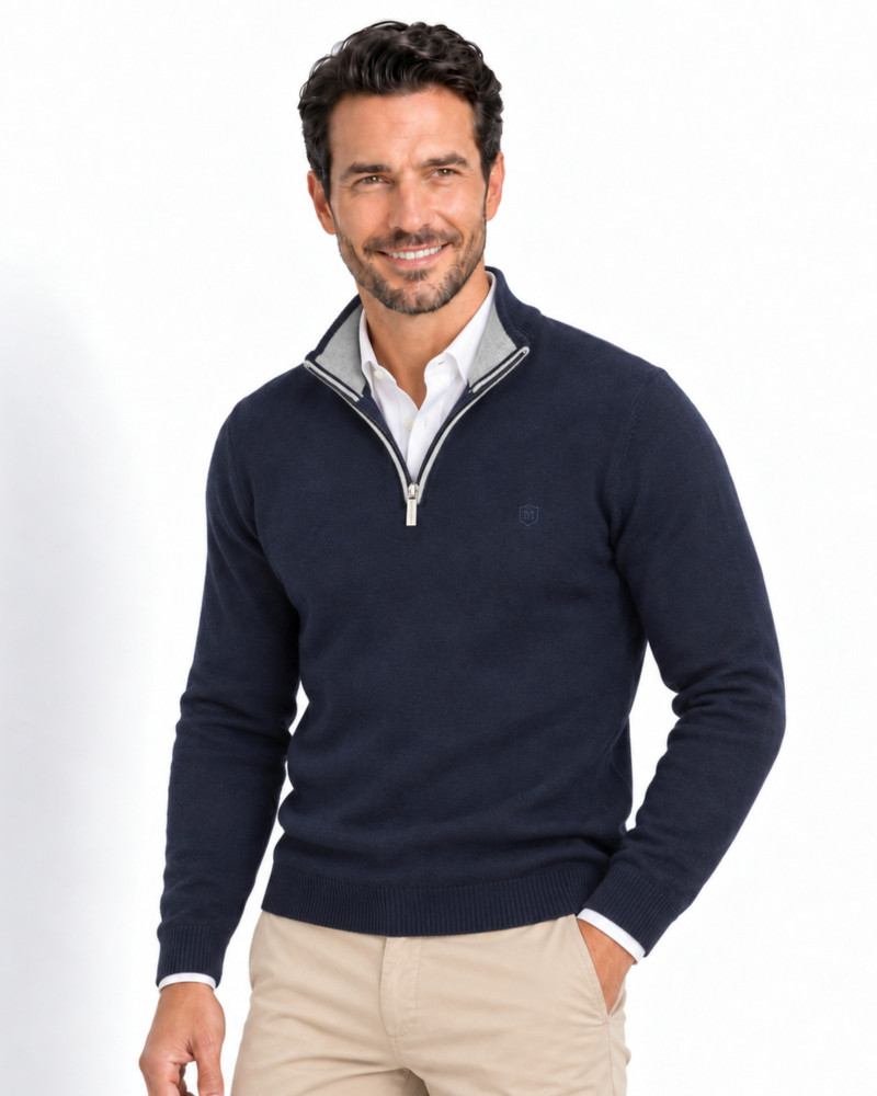 Suéter cuello polo con cremallera azul marino para hombre | Martin's