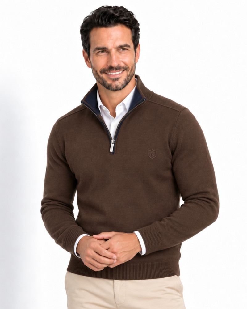 Suéter cuello polo con cremallera marrón para hombre | Martin's