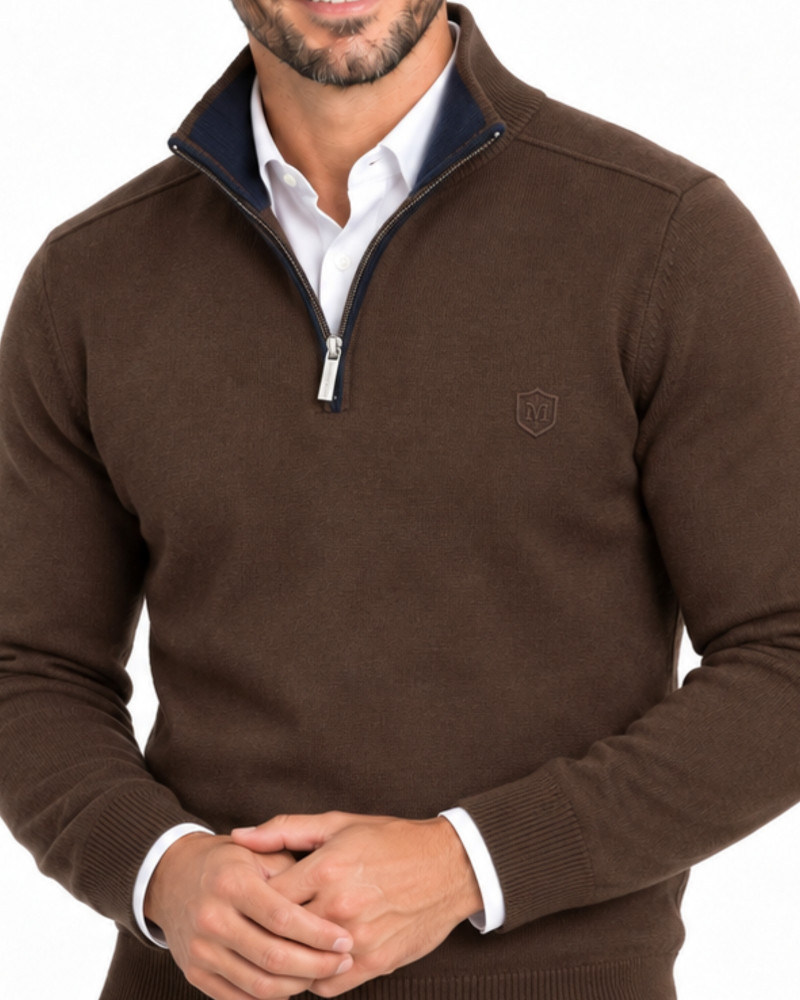 Suéter cuello polo con cremallera marrón para hombre | Martin's