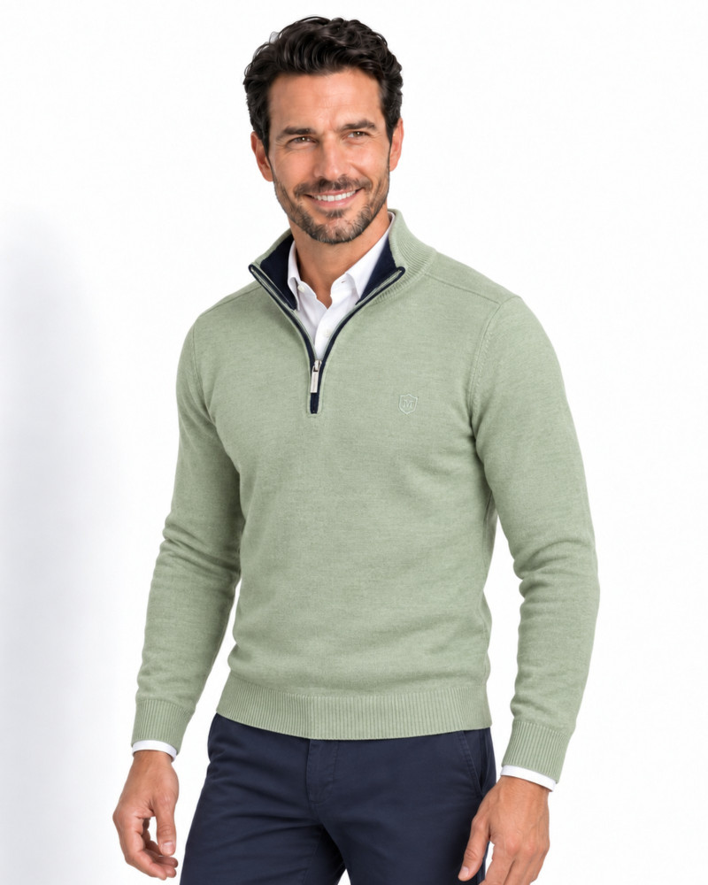 Suéter cuello polo con cremallera verde salvia para hombre | Martin's