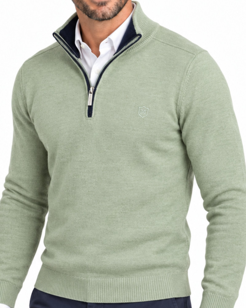 Suéter cuello polo con cremallera verde salvia para hombre | Martin's