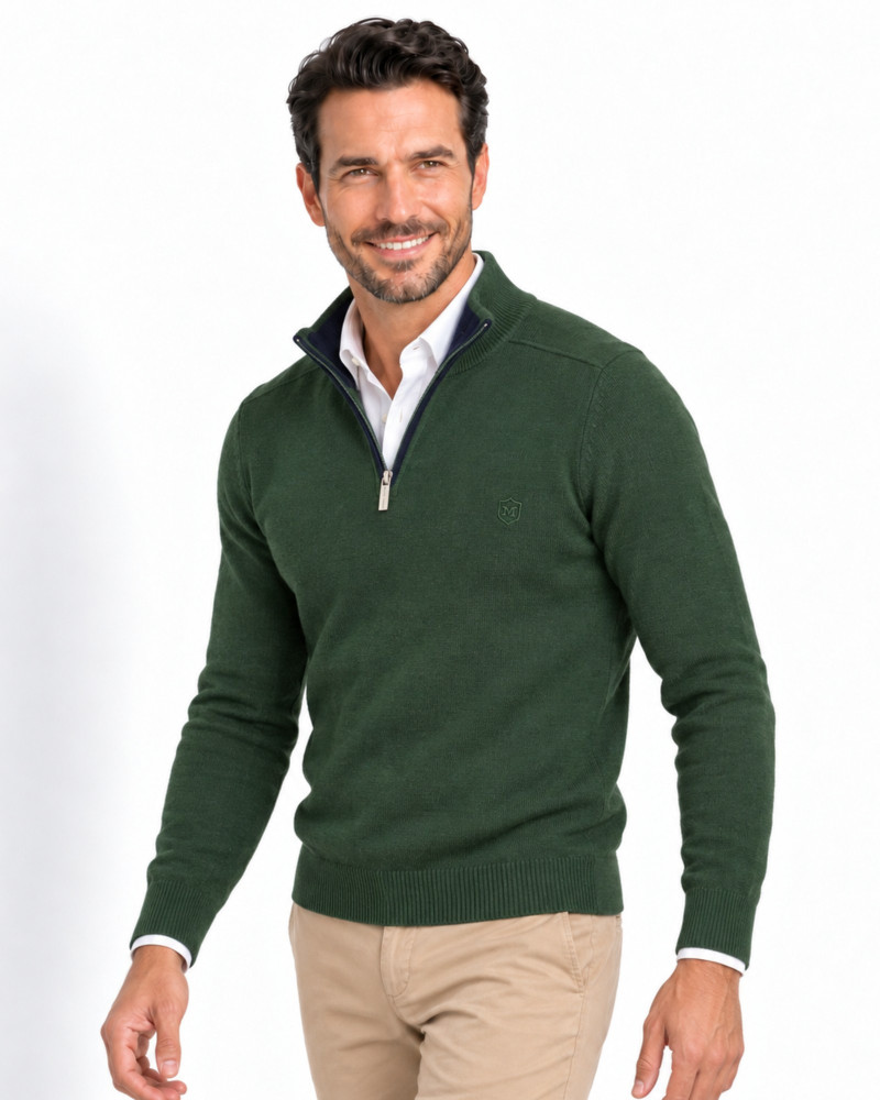 Suéter cuello polo con cremallera verde para hombre | Martin's