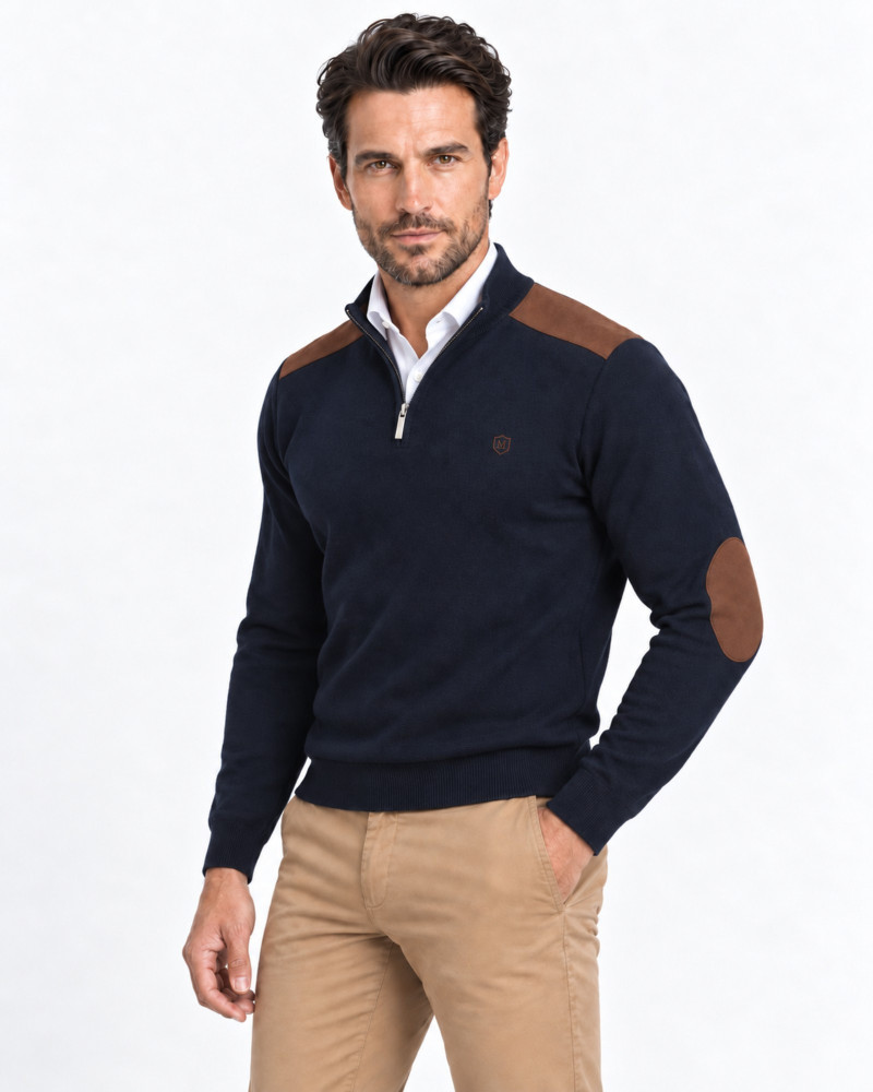 Suéter cuello polo punto goma serie 242 coderas antelina color marino