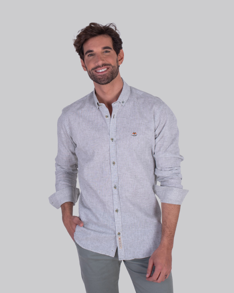 CAMISA ALGODON -LINO CUELLO BOTON PUÑO COMBINADO